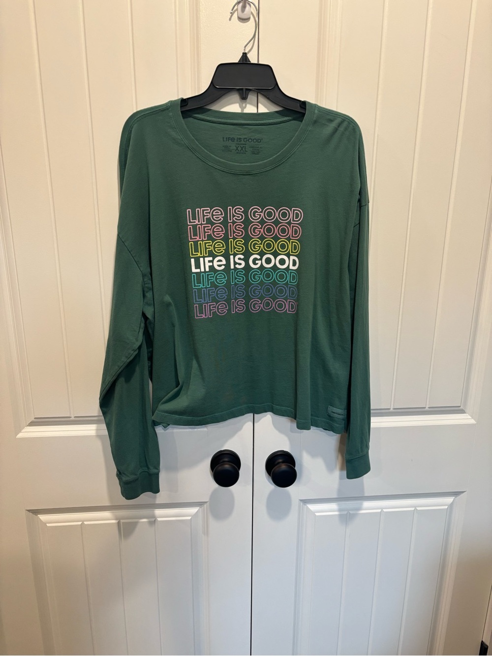 Life Is Good Forest Green Long Sleeve Tee with Multicolor Stacked Logo